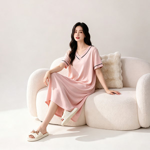 莫代尔短袖睡裙女夏季带胸垫V领家居服可外穿薄款防真空尴尬设计