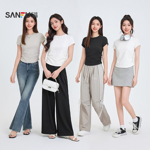 三福短袖T恤女2026新款夏季褶皱设计感修身圆领短款白色上衣女装