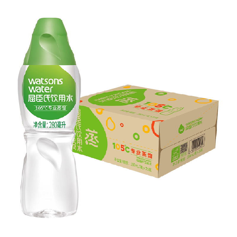 屈臣氏蒸馏水饮用水纯净水280ml*35瓶整箱补水泡茶护肤非矿泉水 54.1元